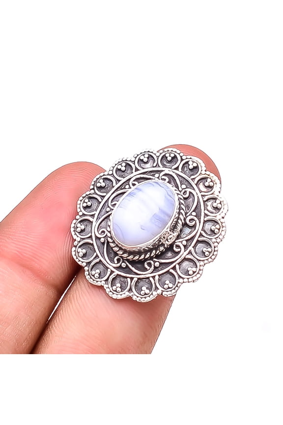 Blue Lace Agate - Namibia Handmade Oxidised 925 Sterling Silver Ring S.9 R43
