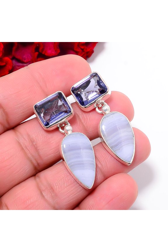 Blue Lace Agate - Namibia & Iolite 925 Sterling Silver Handmade Earring 1.48" E10014, Christmas Gift