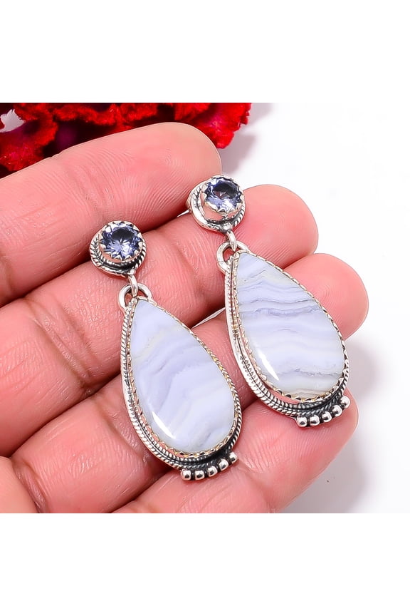 Blue Lace Agate - Namibia & Iolite 925 Sterling Silver Handmade Earring 1.72" E103710, Christmas Gift