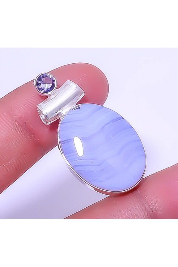 Blue Lace Agate - Namibia & Iolite 925 Sterling Silver Pendant 1.48" T45, Christmas Gift, Gemstone Silver Jewelry, Agate Pendant, New Year Sale
