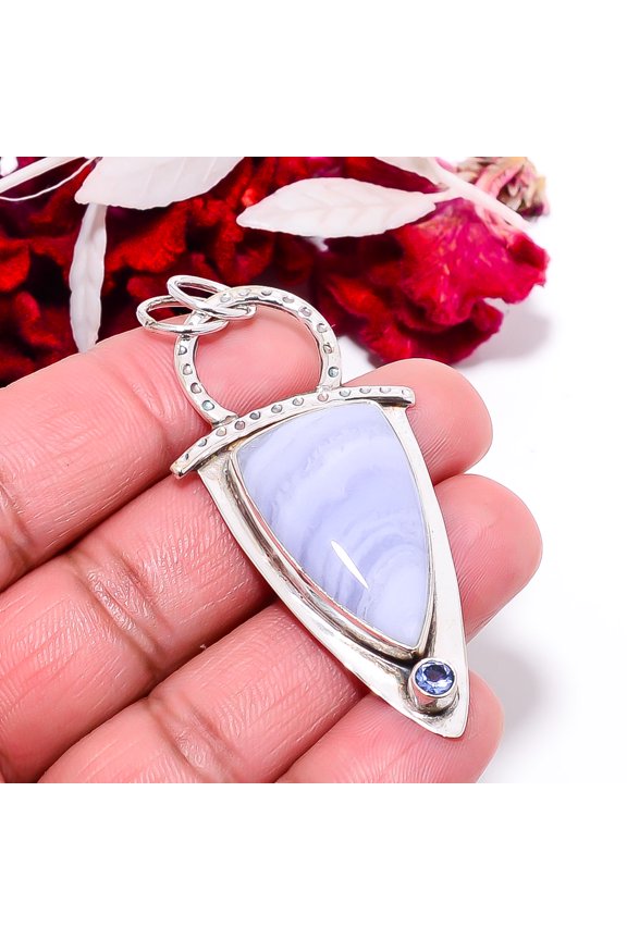 Blue Lace Agate - Namibia & Iolite Designer Handmade 925 Sterling Silver Pendant 2.5" P84124, Christmas Gift