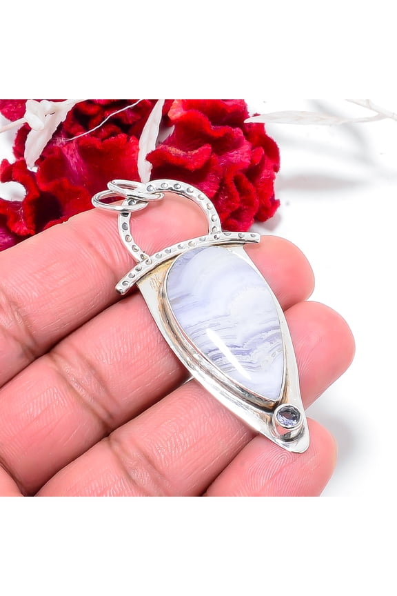 Blue Lace Agate - Namibia & Iolite Designer Handmade 925 Sterling Silver Pendant 2.5" P8415, Christmas Gift