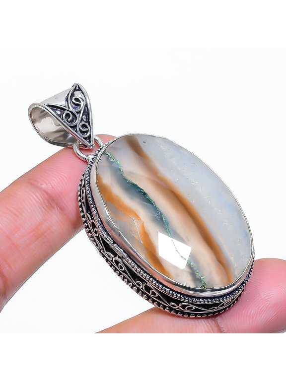 Blue Lace Agate Pendant 2.3" Silver Tone Oval Jewelry Vintage Style Gift VP 3675