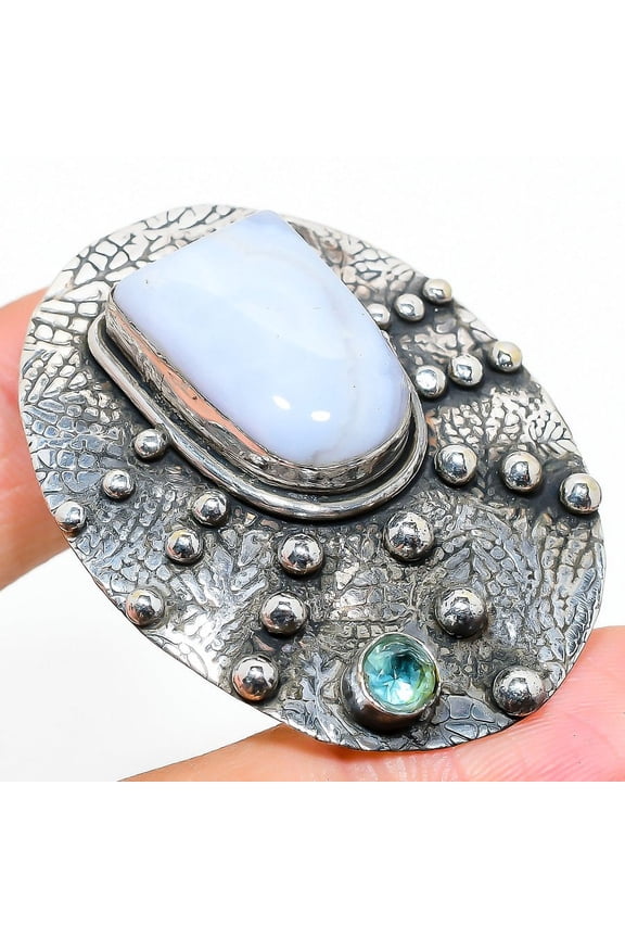 Blue Lace Agate, Topaz Gemstone 925 Sterling Silver Jewelry Pendant 1.89"