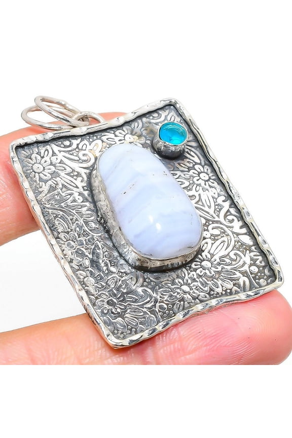 Blue Lace Agate, Topaz Gemstone 925 Sterling Silver Jewelry Pendant 2.17"