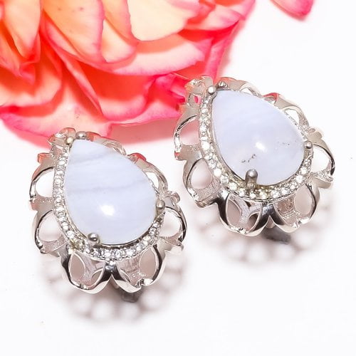 Blue Lace Agate, White Topaz 925 Sterling Silver Latch Back Earring 0.78" (700-220), Beautiful Jewelry For Woman & Gi, New Year Sale, Valentin's Day G