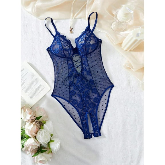 Blue Lace Bodysuit Sheer Crotchless Lingerie