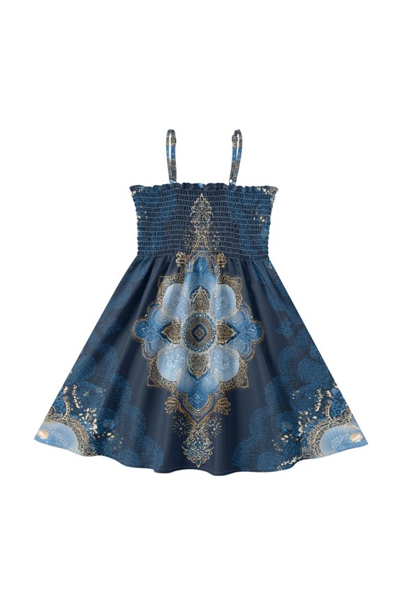 Blue Lace Symmetrical Pattern Girl's Adjustable Cami Dress Casual Sundress Smocked Ruffle A-Line 5-6Y