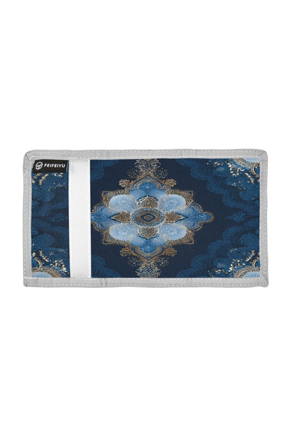 Blue Lace Symmetrical Pattern Trifold Wallets Card Holders Coin Pockets with Lanyards Portable Unisex