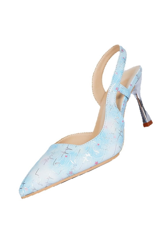 Blue Ladies Blue Fashion Pumps Pointed Toe Slingback Block Heel Embroidered Floral Mesh