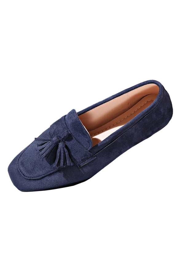 Blue Womens Loafers Fashionable Casual Versatile British Style Square Toe Tassel Detail Slip On Flats Breathable Material for Summer Fall Casual Wear Size 8.5