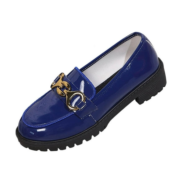 Blue Ladies Casual Round Toe Shoes With Shiny Finish And Metal Accent For Stylish Outfits