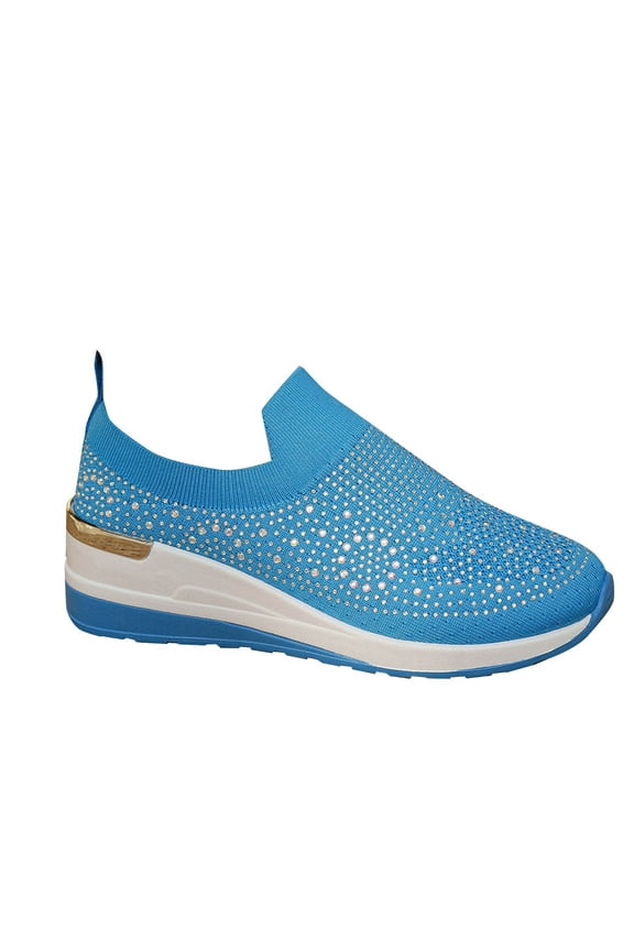 Blue Ladies Casual Shoes With Rhinestone Accent And Thick Base For Outdoor Indoor Wear Great Fit