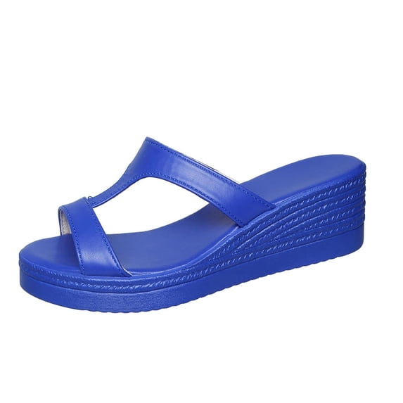 Blue Ladies Comfortable Wedge Heel Slide Sandals Platform Peep Toe For Summer Casual Outdoor Wear Slip On Design