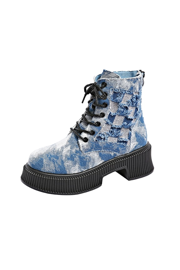 Blue Ladies Denim Lined Mid Heel Booties Comfy Casual Round Toe Lace Up Breathable Daily Style