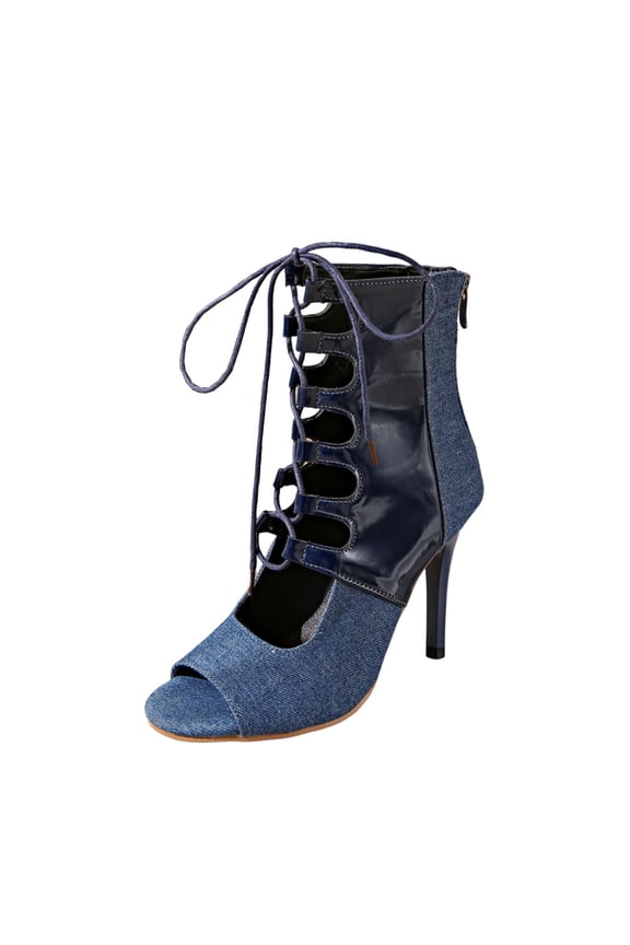 Blue Women'S Backless High Heel Ankle Boots, Fish Mouth Denim Pocket Jazz Dance Shoes