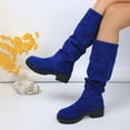 thumbnail image 1 of Blue Ladies Mid Calf Boots Chunky Heel Pleated Bootlegs Soft Suede Thick Anti Slip Textured Sole Fall Winter Casual Light Wear Size 40, 1 of 5
