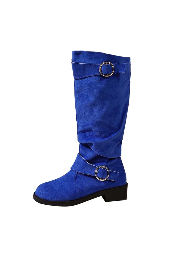 Blue Ladies Round Toe Boots With Suede And Belt Buckle For Insulation Ideal For Fall Winter