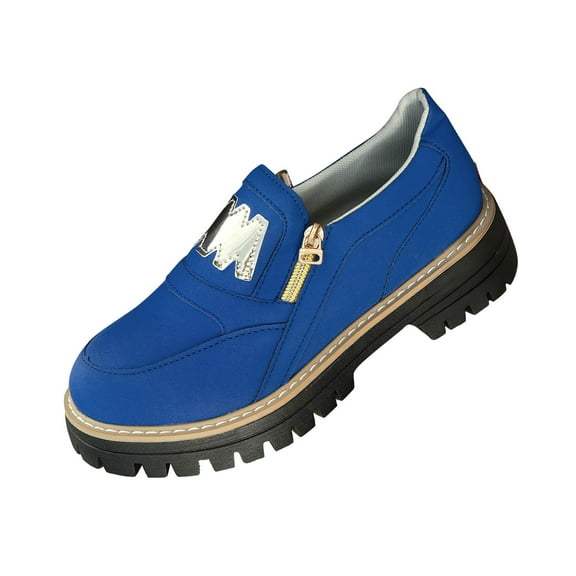 Blue Ladies Shoes With Side Zipper And Thick Heel For All-Day Wear