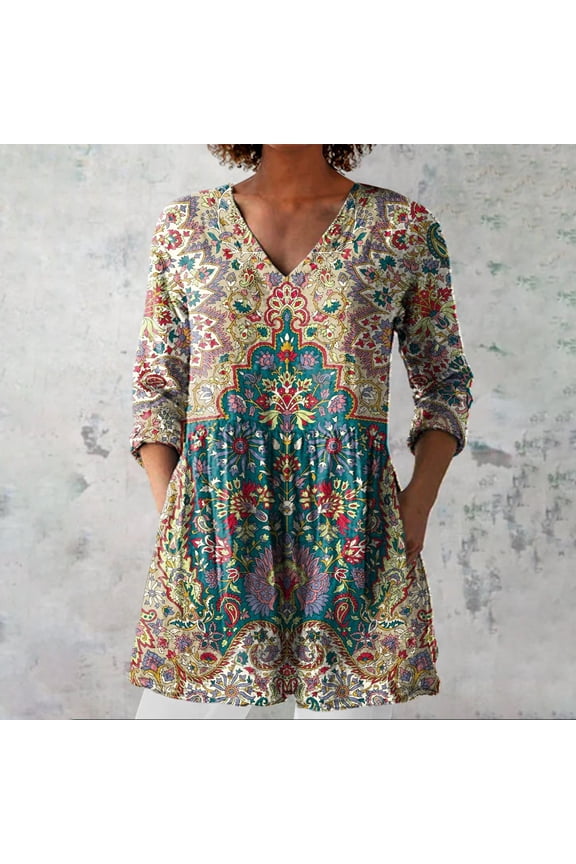 Blue Ladies Tops and Blouses 2025 New Women's Summer Printed Group Shirt Women's Linen V Neck Casual Shirt