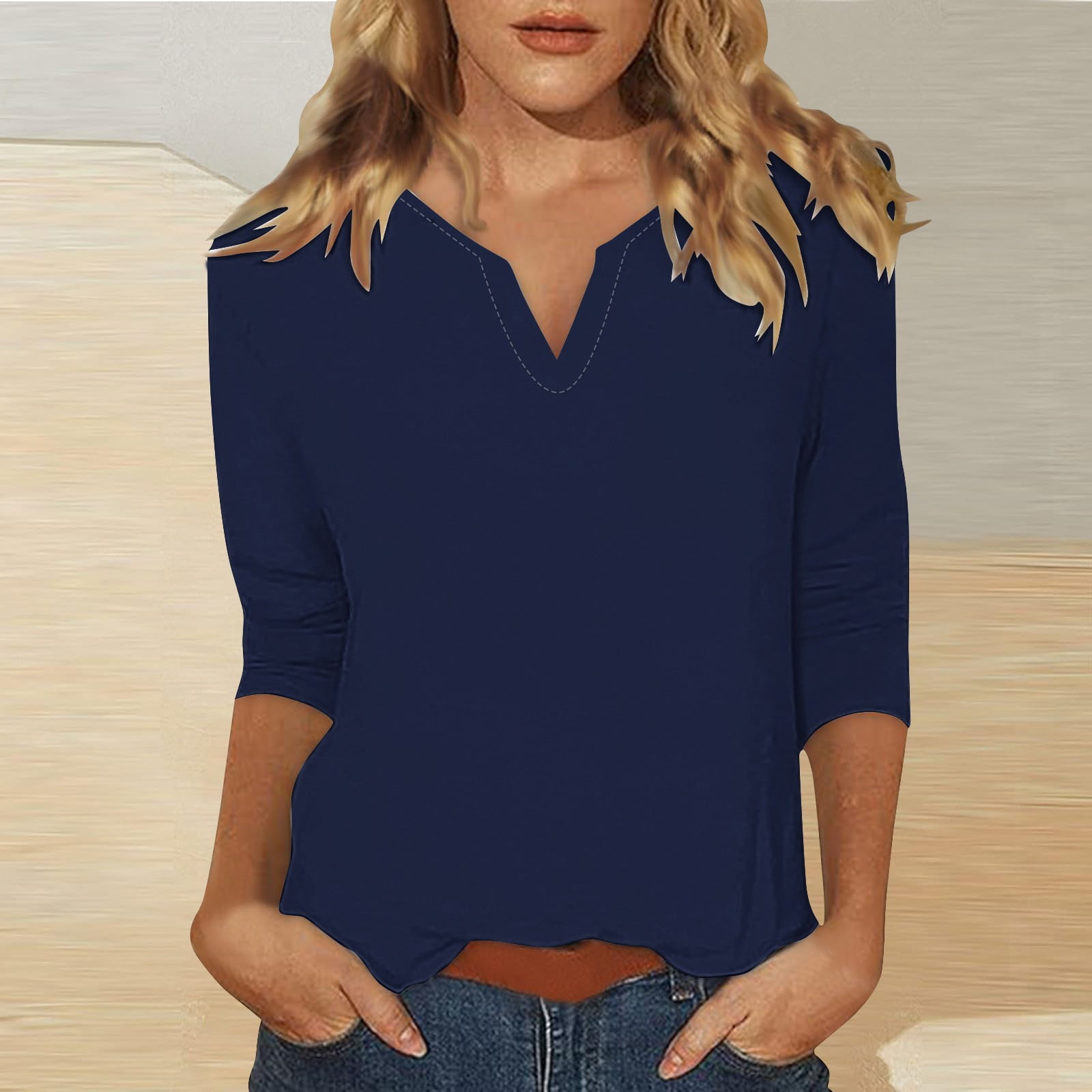Women Blue Printed Top With V Neck & Three Quarter Sleeves