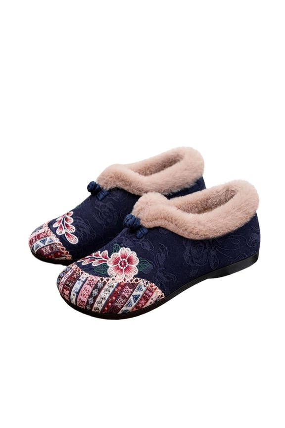 Blue Ladies Winter Shoes Flat Embroidered Ethnic Style Warm Fleece Lined Moccasins Casual Slippers