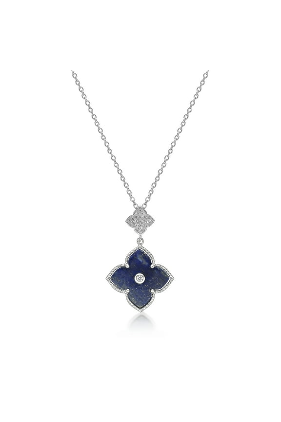 Blue Lapis Lazuli and Cubic Zirconia Double Flower Pendant Necklace for Women in 925 Sterling Silver with 18 Inch Adjustable Chain Lobster Claw by Lavari Jewelers