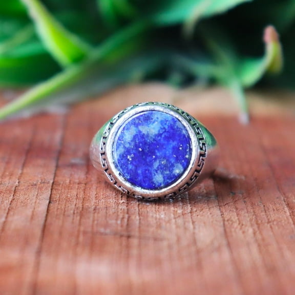 Blue Lapis Lazuli Ring, 925 Sterling Silver Ring, Round Cut Gemstone, Handmade Jewelry, Minimalist Ring, Statement Ring, Men's Signet Ring**