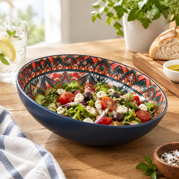 Blue Large 78 Oz Ceramic Serving Bowl For Salad, Pasta, Fruit And Dinner Dishes