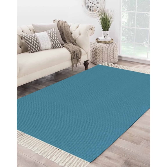 Blue Large Area Rug 4x6ft Woven Runner Rug, Modern Pure Wave Ride Washable Living Room Bedroom Kitchen Bathroom Classroom Carpet with Tassels, Non-Shedding Indoor Outdoor Throw Door Mat