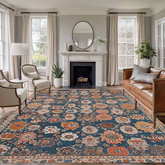 Blue Large Area Rug 8x10 FT, Non Slip Living Room Throw Carpet, Ethnic Modern Geometric Abstract Art Washable Soft Indoor Outdoor Carpet Non-Shedding Rug for Bedroom Dining Room