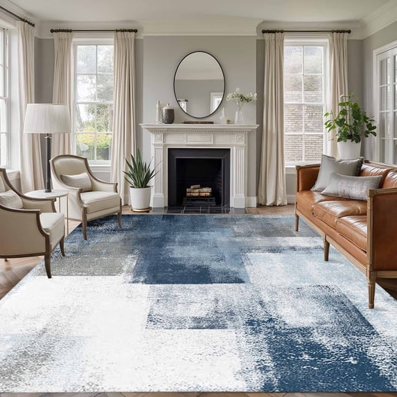 Blue Large Area Rug 8x10 FT, Non Slip Living Room Throw Carpet, Retro Oil Painted Modern Abstract Art Washable Soft Indoor Outdoor Carpet Non-Shedding Rug for Bedroom Dining Room