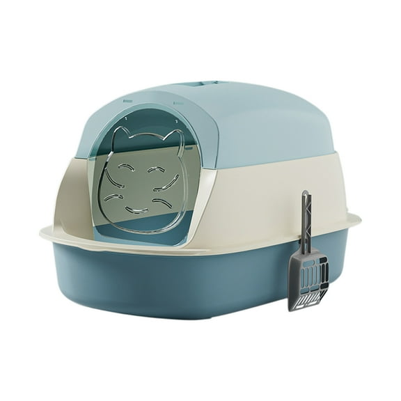 Blue Cat Litter Box With Lid Covered Large Fully Enclosed Litter Pan Splash Proof Cat Toilet Tray With Shovel Plastic Material 20X15X14In Odor Control Easy Clean Non Slip Base For Indoor C