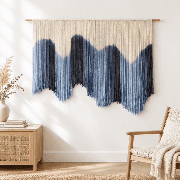 Blue Large Hand-Dyed Ombre Macrame Wall Tapestry 57"W x 39"L Boho Wall Decor