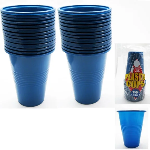 Blue Large Plastic Cups 16 Oz Reusable Big Party Disposable Hard Holiday 16 Pcs