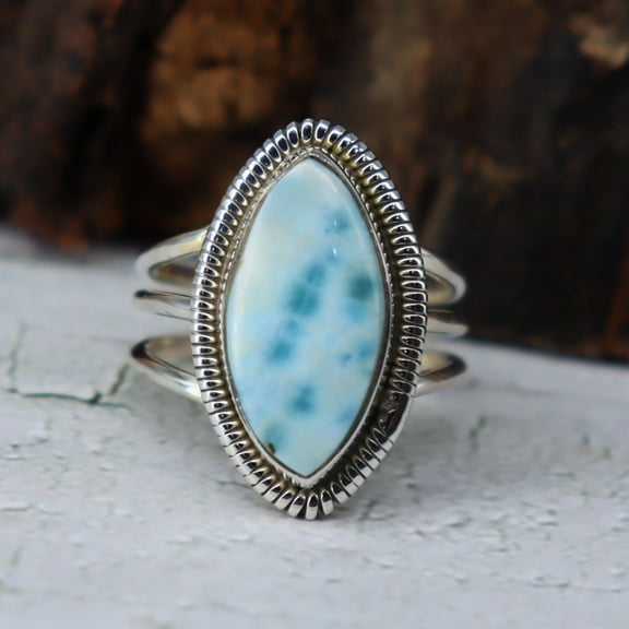 Blue Larimar Ring, 925 Sterling Pure Silver Ring, Handmade Ring, Silver Ring, Silver Band Ring, Statement Ring, Anniversary Gift For Her
