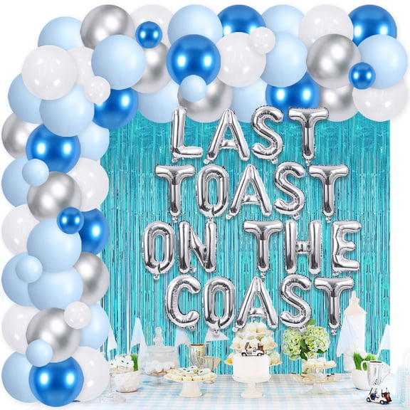 Blue Last Toast On The Coast Themed Bachelorette Party Balloon Chain Set - Blue Foil Curtain, Silver Letter Balloon and Diamond Ring Latex Balloon for Wedding Engagement Bridal Shower Party Supplies