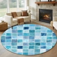thumbnail image 1 of Blue Lattice Round Living Room Rugs 6 ft, Summer Watercolor Square Ocean Washable Area Rug with Non-Slip Sturdy Edge Binding Round Carpet for Kitchen Office Bedroom, 1 of 9