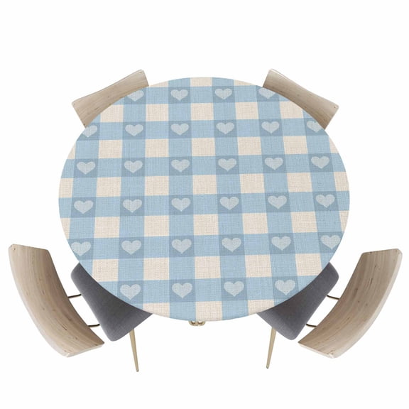 Blue Lattice on Rustic Burlap Fitted Round Tablecloths Elastic Edged Table Covers 36"-44",Classic Checker Sweet Heart Waterproof Dining Room Table Cloth for Kitchen Holiday Party Tables Decor