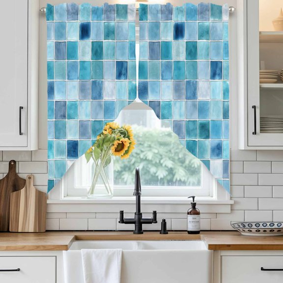 Blue Lattice Swag Curtain Valance for Windows, Summer Watercolor Square Ocean Window Treatments Short Swag Topper for Kitchen Windows Bathroom Bedroom, 36"x36"