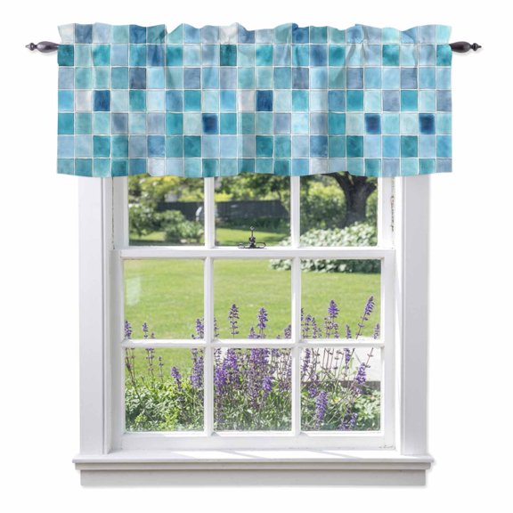 Blue Lattice Valance Curtain Summer Watercolor Square Ocean Window Valances Rod Pocket Short Curtains Window Treatments for Kitchen Bedroom Bathroom Laundry 60" x 14"