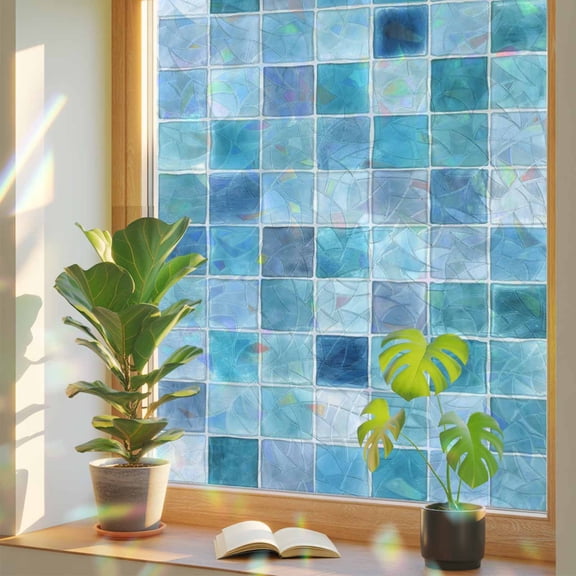Blue Lattice Window Privacy Film, Summer Watercolor Square Ocean Stained Glass Rainbow Film Decorative Window Clings, Static Cling Sun Blocking Stickers 23.6" x 59"