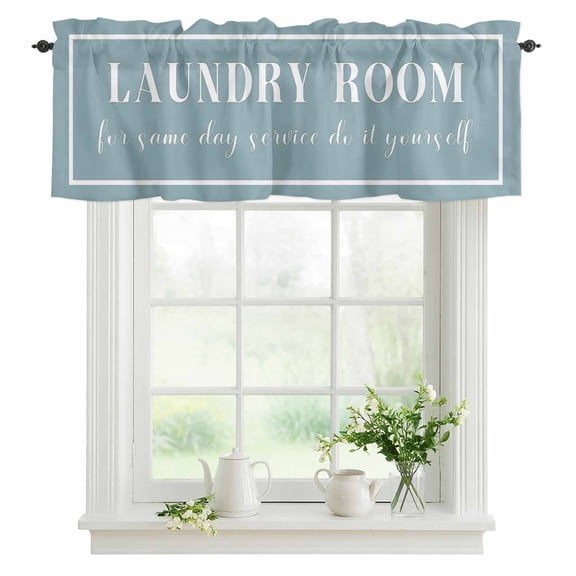 Blue Laundry Room Valances for Windows, Rod Pocket Kitchen Valance Curtains - Soft & Washable Small Window Treatment for Living Room, Bathroom, Do It Yourself 42x12inch, 1 Panel