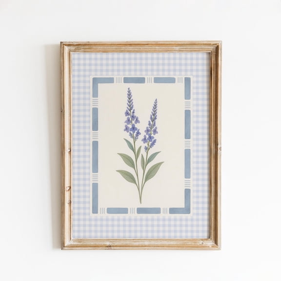 Blue Lavender Botanical Gingham Border Wall Decor Unframed Paper Print