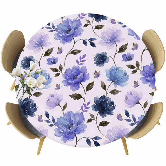 Blue Lavender Floral Round Tablecloth 36-44 Inch Round Fitted Table Cloth with Elastic Edge, Farmhouse Botanical Flowers Leaf Waterproof Table Cover Protector for Outdoor Picnic Party Dining