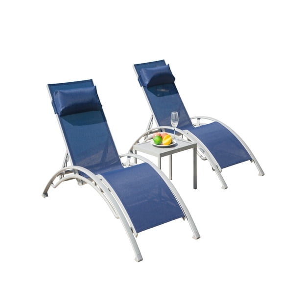 Blue Lawn Lounge Chairs - Adjustable Aluminum Outdoor Chaises With Side Table & Water-repellent Fabric For Poolside, Deck Chaise (3) 5 Positions, Quick-drying And Metal