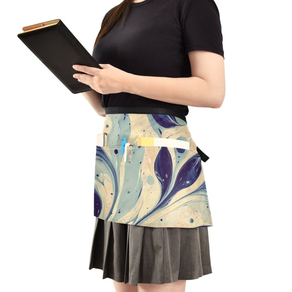 Blue Leaf Art Server Apron with 3 Pockets Waist Apron for Waiter Waitress