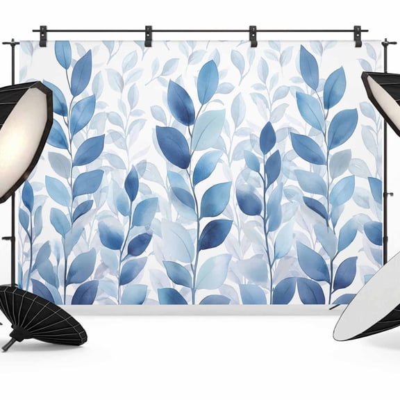 Blue Leaf Backdrop for Photoshoot,Photography Photo Studio Background Wall Backdrop,Watercolor Country Plant Monochrome Branch Back Drop Banner Panel for Portraits Wedding Party Live Streaming 10x8Ft