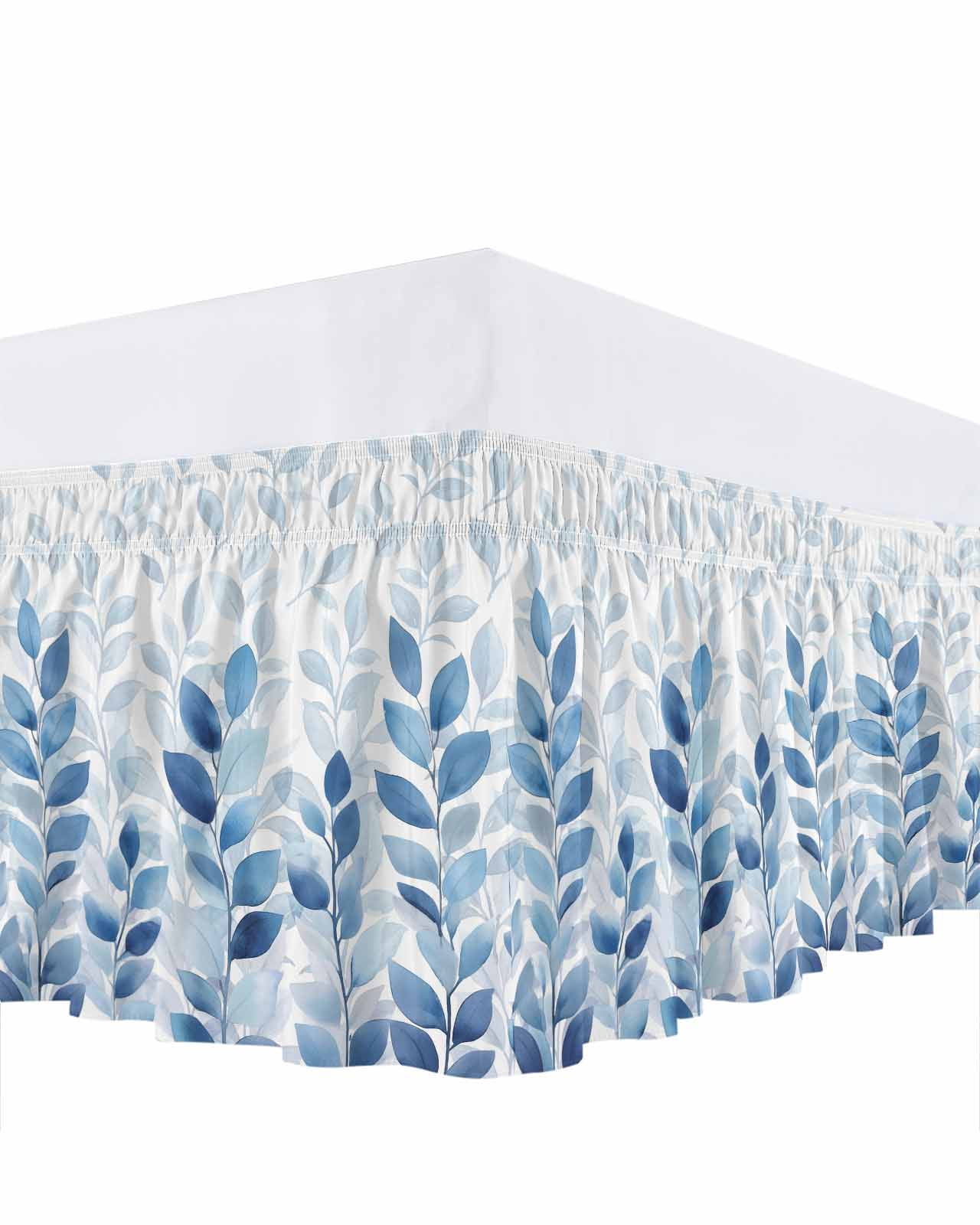 Blue Leaf Bed Skirt Queen Size, Watercolor Country Plant Monochrome Branch Wrap Around Bed Skirting with Adjustable Elastic Strap, Dust Ruffle Pleated Bedskirts 16 Inch Drop for Bedroom Queen Beds