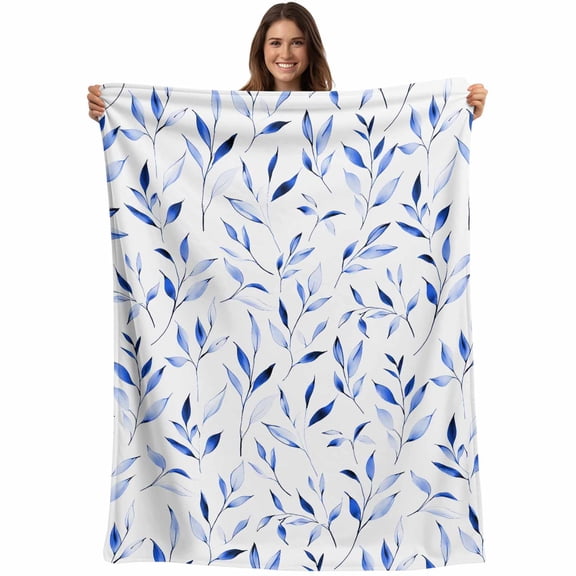 Blue Leaf Blanket Soft Cozy Warm Throw Blanket for Couch, Plush Fuzzy Flannel Fleece Blankets for Sofa, Modern Botanical Foliage Plant Country Flower Bed Blankets Lightweight Gifts for Women, 30"x40"